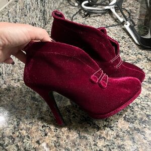 Burgundy high heel booties velour